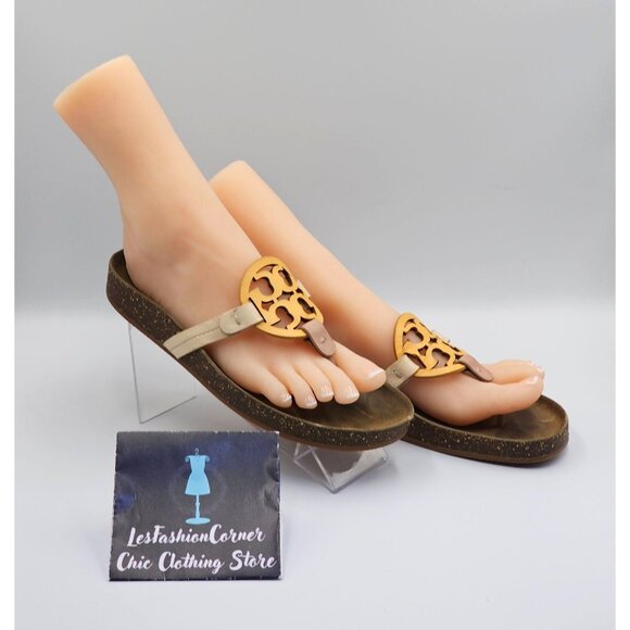 Tory Burch Women's Beige Leather Miller Cloud Flats Thong Sandals Sz 8 2642 - Picture 4 of 16